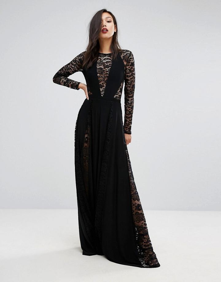 Club L Lace Panel Detail Slinky Maxi Dress - Black