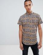 Clean Cut Small Forest Print Slim Fit Short Sleeve Shirt - Brown
