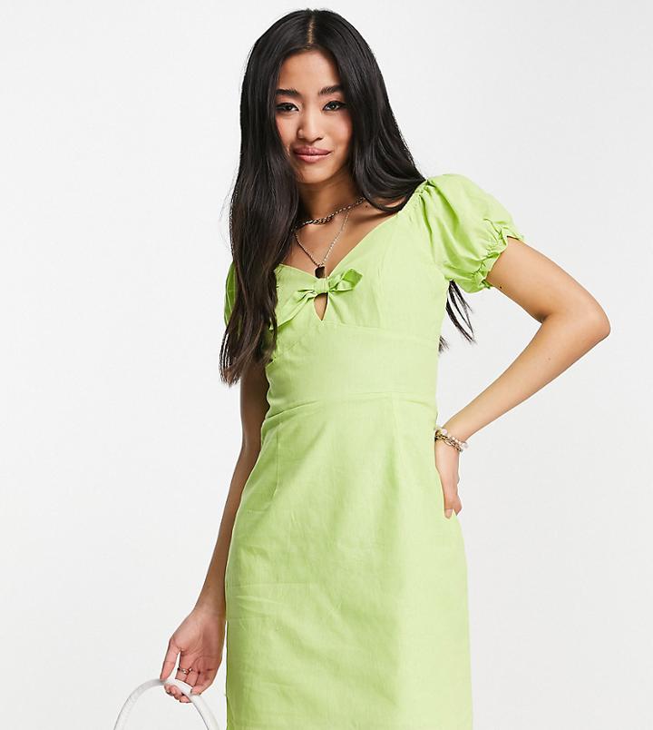 Collective The Label Puff Sleeve Tie Front Mini Dress In Lime Green