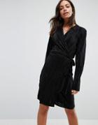 Liquorish Wrap Front Long Sleeve Pleated Dress - Black