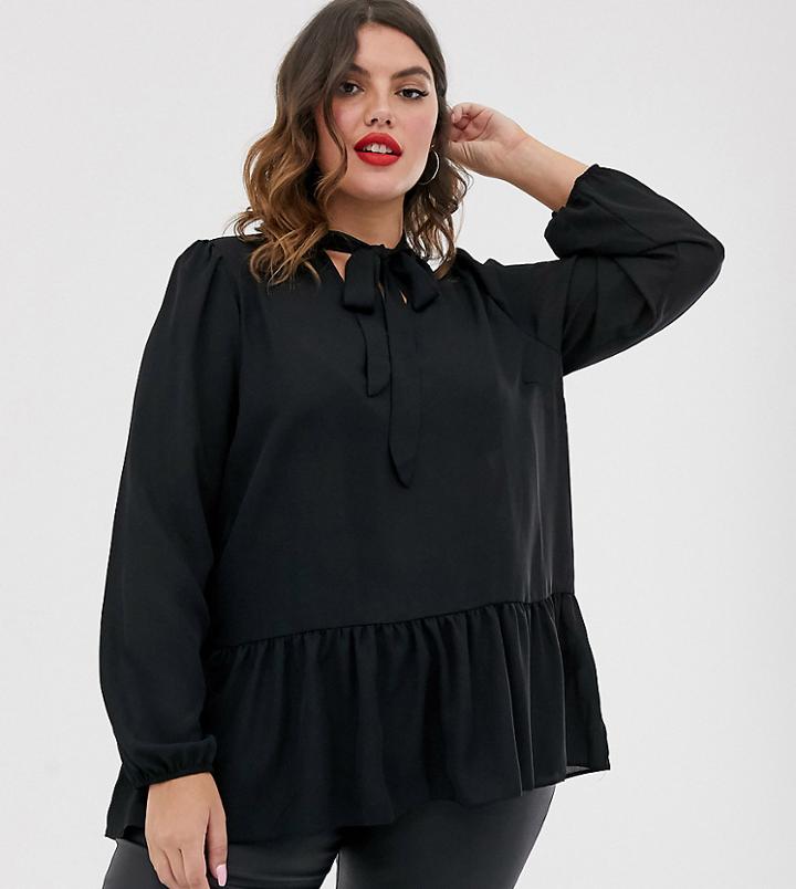 New Look Curve Smock Tie Neck Blouse In Black