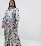 Asos Design Curve Jumpsuit With High Neck And Blouson Sleeve In Mixed Floral Print - Multi