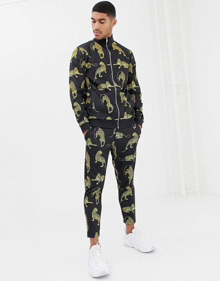 Asos Design Track Jacket/skinny Joggers In Retro Track Fabric With Leopard Print - Black