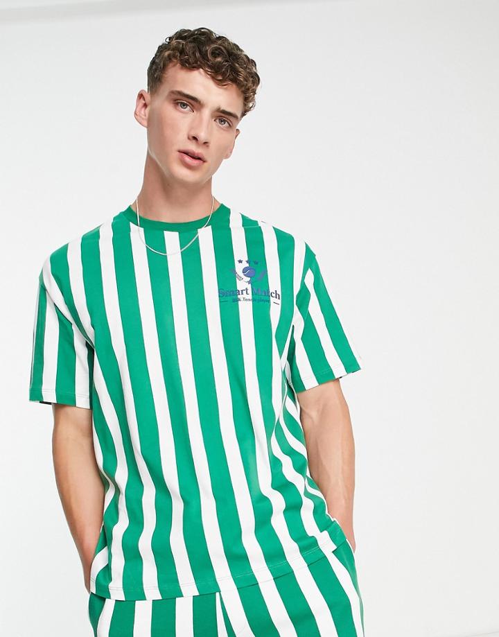 Bershka Collegiate T-shirt In Green Stripe - Part Of A Set
