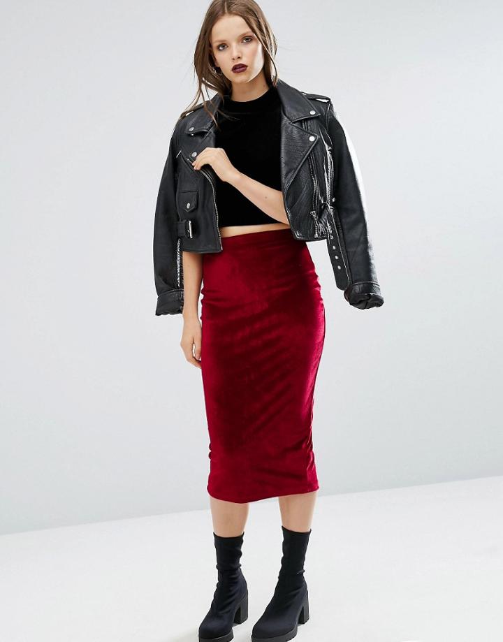 Asos Pencil Skirt In Velvet - Red
