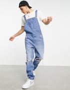 Asos Design Denim Overalls In Mid Wash With Knee Rips-blue