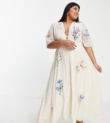 Hope & Ivy Plus Carmen Embroidered Midi Dress In Cream-white