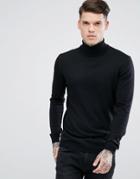 Asos Muscle Fit Merino Roll Neck Sweater In Black - Black