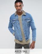 Asos Tall Denim Jacket With Leopard Print Collar And Stud Detail In Blue Wash - Black