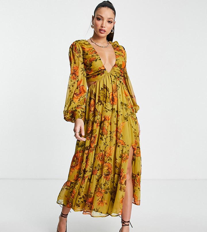 Asos Design Tall Soft Pleated Bodice Midi Dress With Lace Up Back Detail In Olive Floral-multi