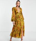 Asos Design Tall Soft Pleated Bodice Midi Dress With Lace Up Back Detail In Olive Floral-multi