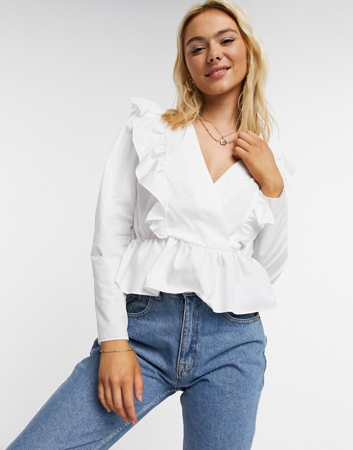 Asos Design Cotton Wrap Top With Ruffle Detail In Ivory-white