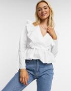 Asos Design Cotton Wrap Top With Ruffle Detail In Ivory-white