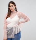 Asos Curve High Neck Top In Mesh With Shirring And Ruffles - Pink