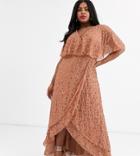 Asos Design Curve Maxi Dress With Cape Back And Dip Hem In Scatter Sequin-gold