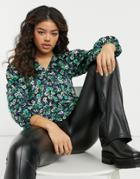 Topshop Button Down Sleeve Detail Blouse In Green