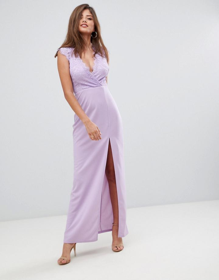 Ax Paris Deep V Maxi Dress With Side Split - Purple