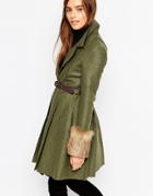 Asos Coat With Skater Skirt And Faux Fur Cuffs - Khaki