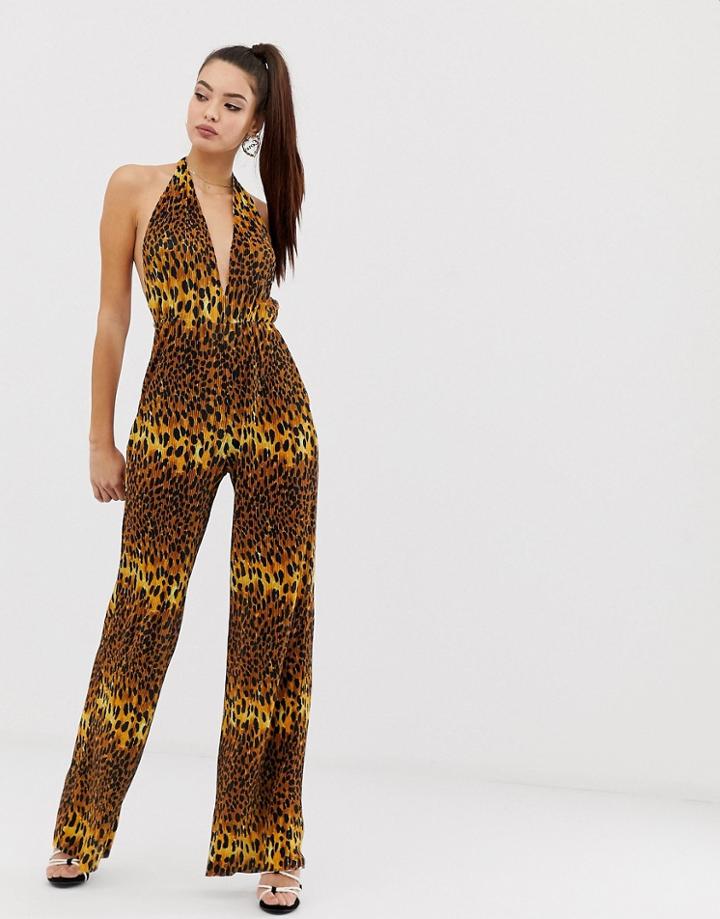 Asos Design Plunge Neck Plisse Jumpsuit In Leopard Animal Print-multi