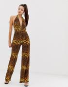 Asos Design Plunge Neck Plisse Jumpsuit In Leopard Animal Print-multi