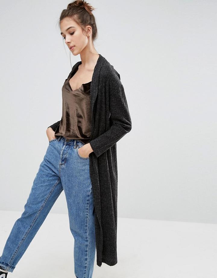 Pull & Bear Longline Rib Cardigan - Gray