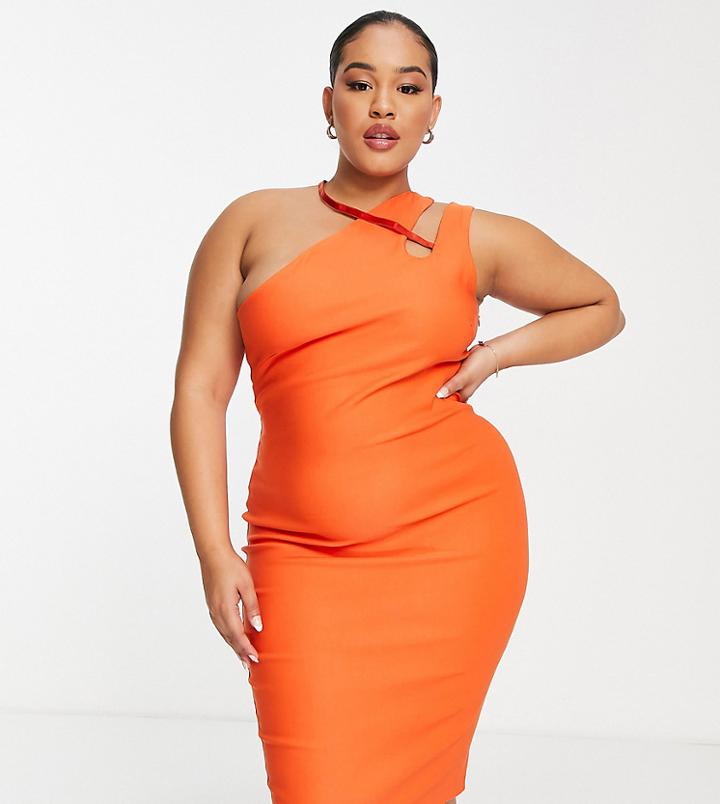 Vesper Plus One-shoulder Midi Dress In Tangerine-orange