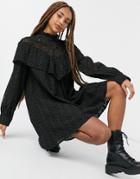 Asos Design Broderie Trapeze Mini Dress With Lace Insert In Black