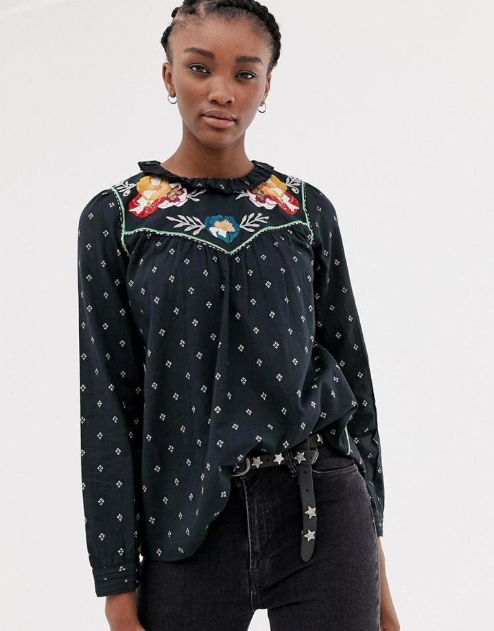 Leon & Harper Craquante Embroidered Folk Blouse - Black