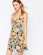 Club L Cami Skater Dress In Sunflower Print With Strap Back Detail - Navy