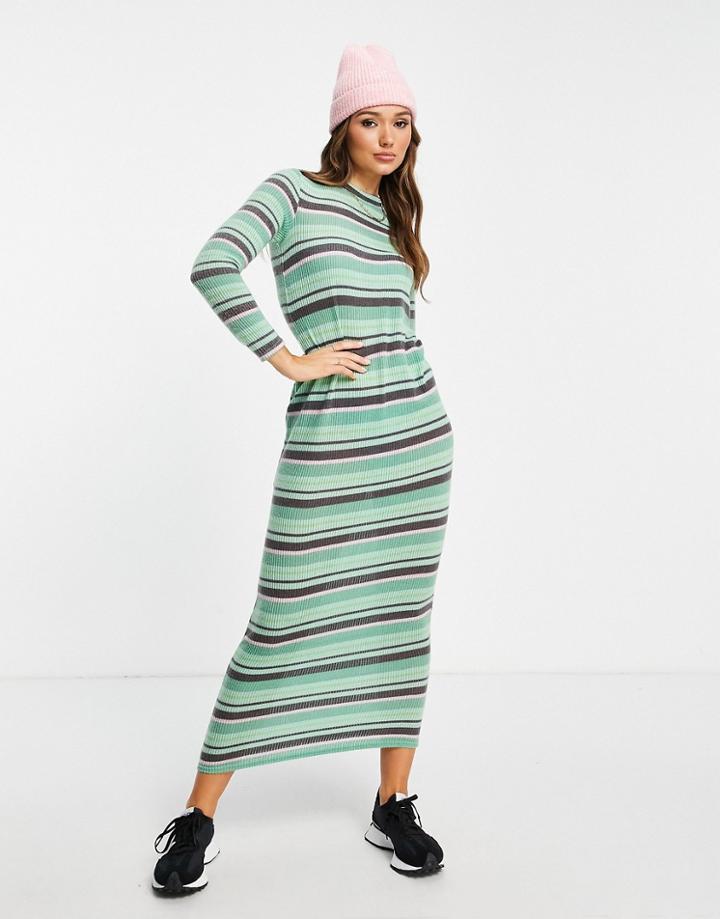 Asos Design Long Sleeve Ribbed Maxi Dress In Green Black And Pink Stripe-multi