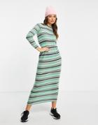 Asos Design Long Sleeve Ribbed Maxi Dress In Green Black And Pink Stripe-multi