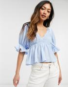 Asos Design V Neck Top With Shirred Waist And Puff Ruffle Sleeve In Light Blue-pink