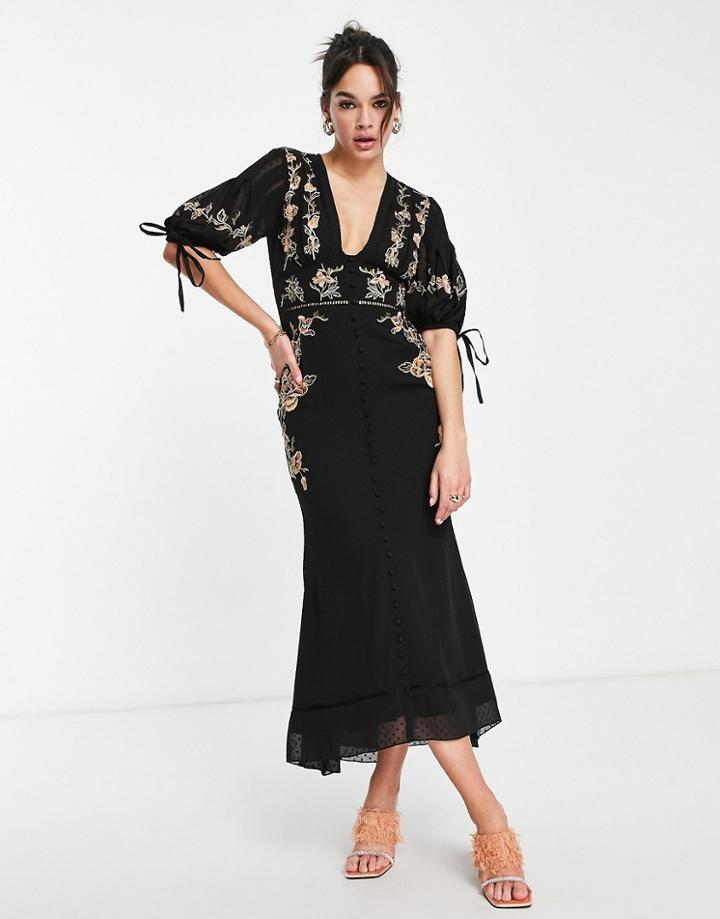 Asos Design Textured Floral Embroidered Midi Tea Dress With Tie Detail-black