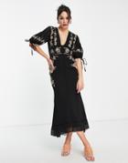 Asos Design Textured Floral Embroidered Midi Tea Dress With Tie Detail-black