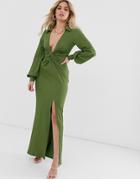 Asos Design Textured Drape Shirt Maxi Dress With Knot Detail - Multi