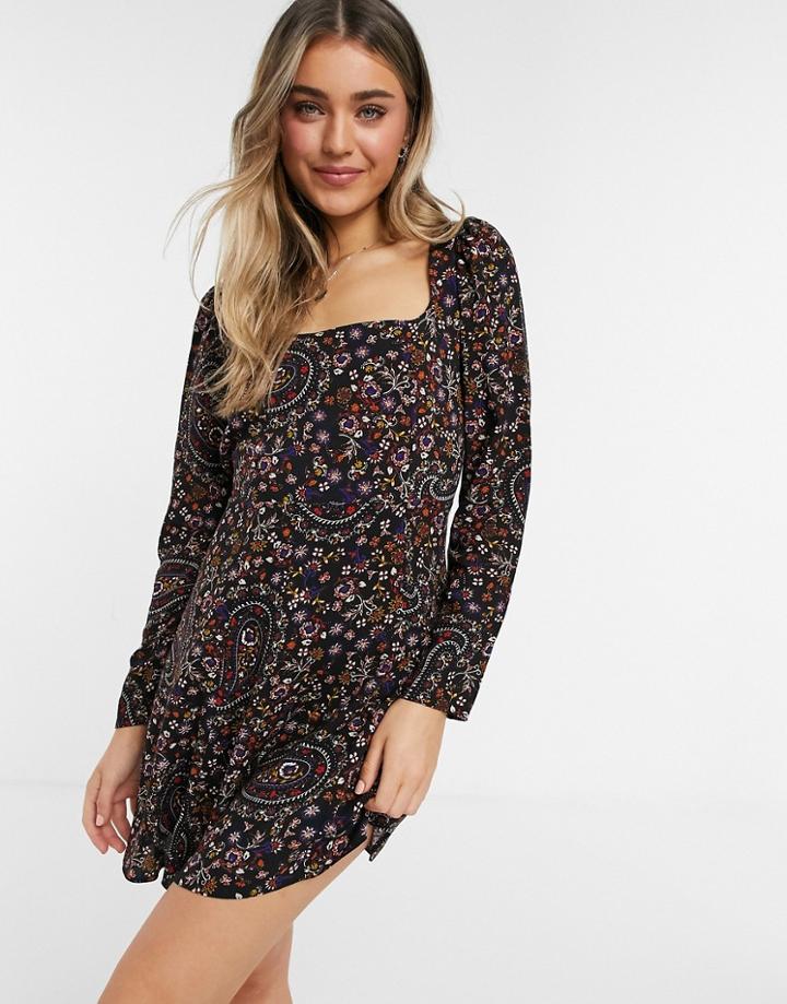 Miss Selfridge Paisley Square Neck Mini Dress In Black