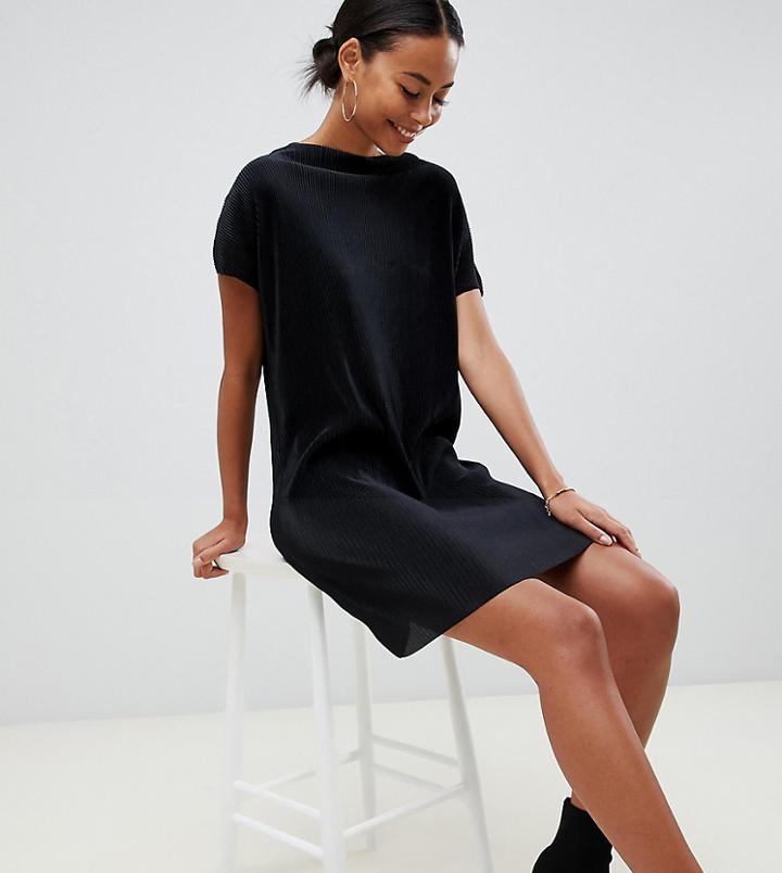 Asos Design Tall Slash Neck T-shirt Dress In Plisse - Black