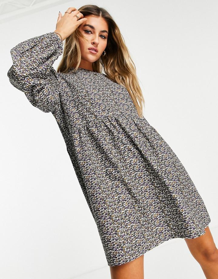 Daisy Street Volume Sleeve Mini Smock Dress In Ditsy Baby Cord-multi