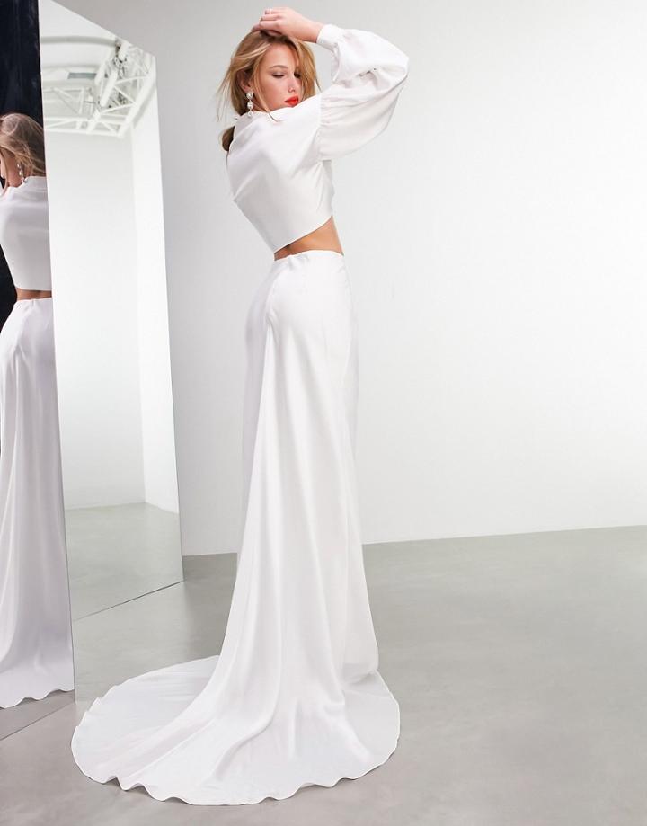 Asos Edition Maxi Skirt With Slit Front And Train In Ivory-white