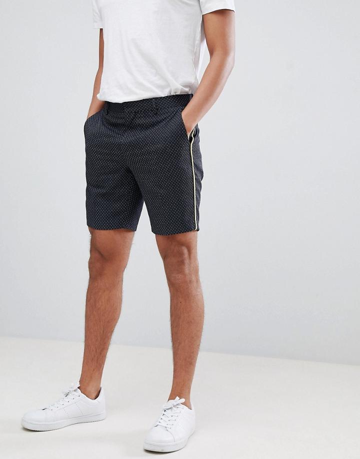 Asos Slim Smart Short In Ditsy Print With Piping - Navy