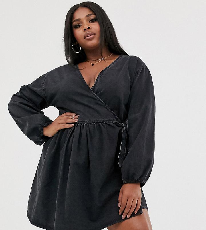 Asos Design Curve Denim Wrap Smock Mini Dress In Black - Black