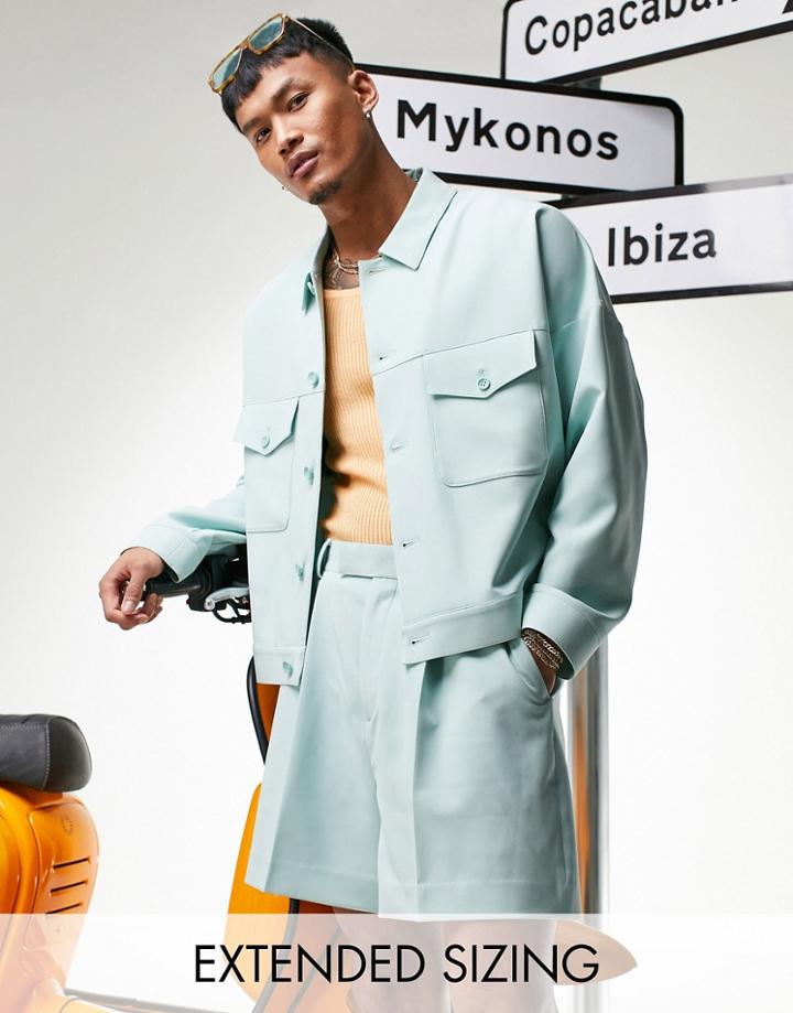 Asos Design Smart Oversized Cropped Trucker Jacket In Sage Green - Part Of A Set