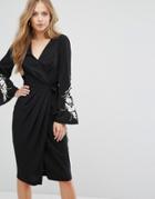 Forever New Wrap Front Midi Dress With Embroidered Sleeves - Black