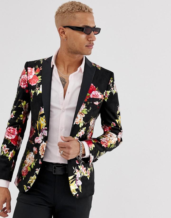 Tux Till Dawn Slim Fit Floral Flower Jacket - Black