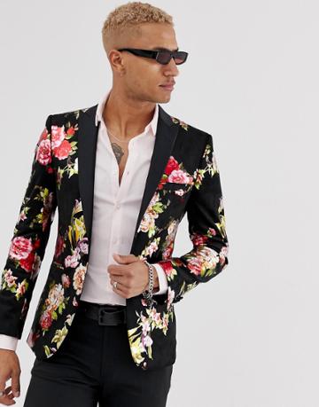 Tux Till Dawn Slim Fit Floral Flower Jacket - Black