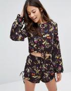 Oh My Love Tie Front Crop Blouse With Bell Sleeves - Multi