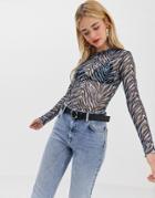 Stradivarius Tiger Print Mesh Long Sleeved Top - Blue