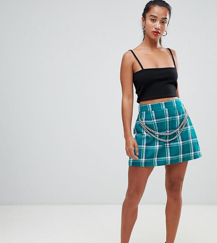 Missguided Petite Chain Belt Mini Skirt In Green Check - Green