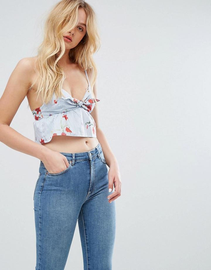 Pull & Bear Stripe And Floral Print Crop Top - Blue
