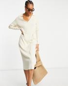 Asos Design Maxi Dress With Open Collar And Tie Detail In Cream-white